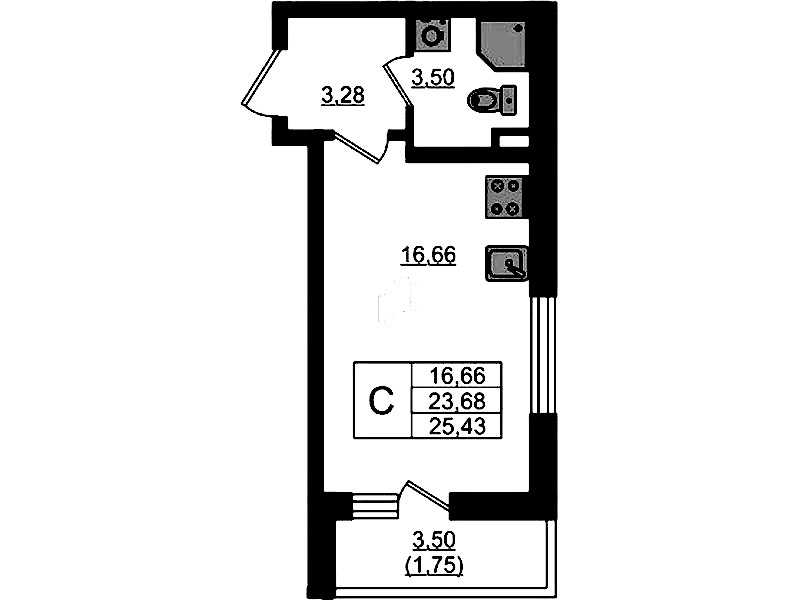 Квартира студия 25.43 м², 1/4 эт., ЖК «Новая история»
